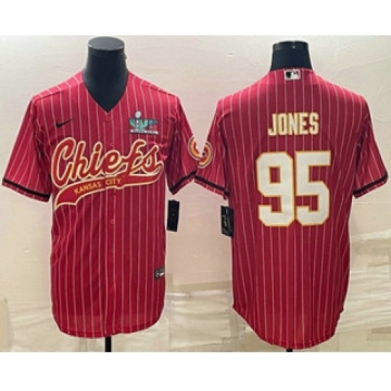 Men's Kansas City Chiefs #95 Chris Jones Red Pinstripe With Super Bowl LVII Patch Cool Base Stitched Baseball Jersey - Ujersey