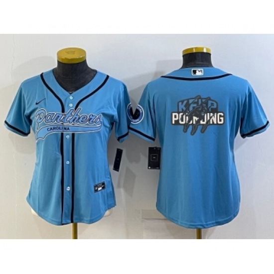 Women's Carolina Panthers Blue Team Big Logo With Patch Cool Base Stitched Baseball Jersey - Ujersey