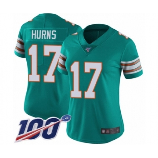 Women's Miami Dolphins #17 Allen Hurns Aqua Green Alternate Vapor Untouchable Limited Player 100th Season Football Jersey - Ujersey