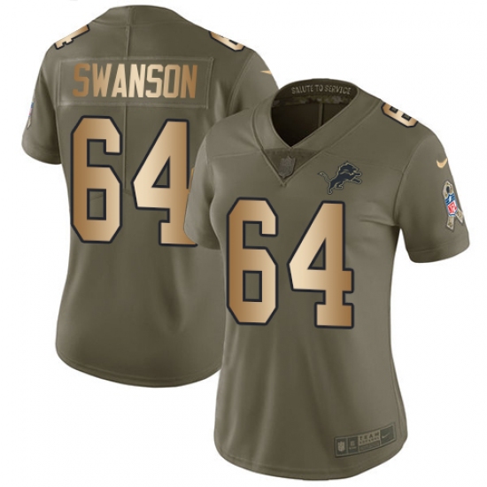 Women's Nike Detroit Lions #64 Travis Swanson Limited Olive/Gold Salute to Service NFL Jersey - Ujersey