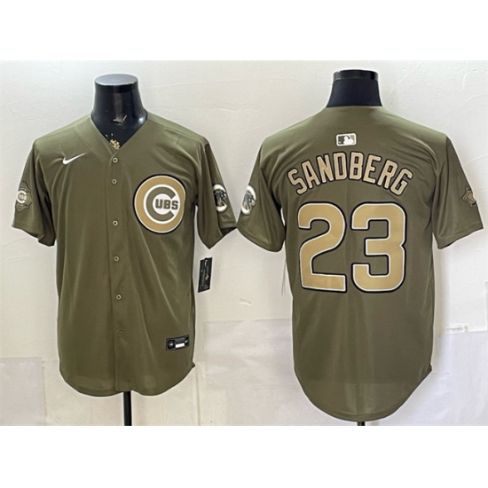 Men's Chicago Cubs #23 Ryne Sandberg Olive 2026 Armed Forces Day Stitched Baseball Jersey - Ujersey
