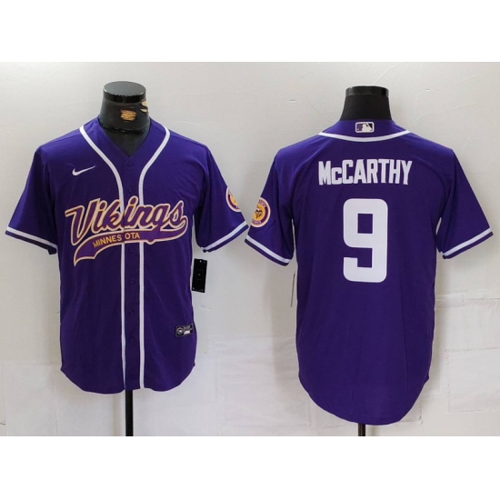 Men's Minnesota Vikings #9 JJ McCarthy Purple Cool Base Stitched Baseball Jersey - Ujersey
