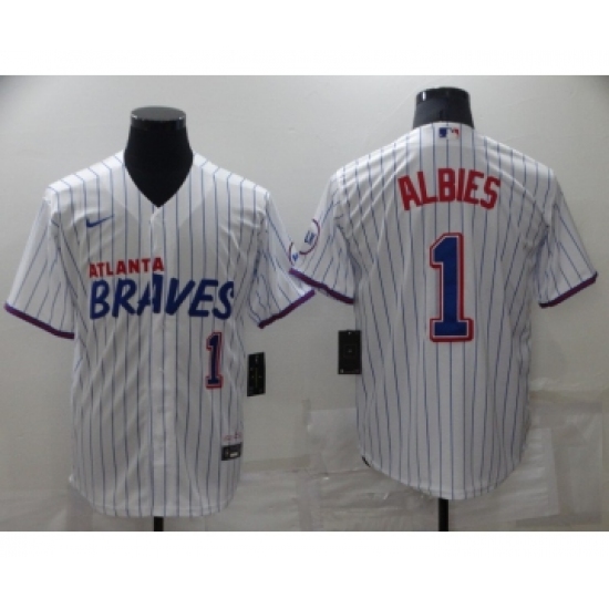 Men's Atlanta Braves #1 Ozzie Albies White 2021 City Connect Stitched MLB Cool Base Nike Jersey - Ujersey