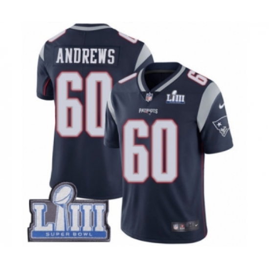 Youth Nike New England Patriots #60 David Andrews Navy Blue Team Color Vapor Untouchable Limited Player Super Bowl LIII Bound NFL Jersey - Ujersey