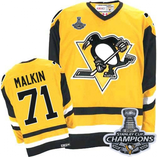 Men's CCM Pittsburgh Penguins #71 Evgeni Malkin Premier Gold Throwback 2017 Stanley Cup Champions NHL Jersey
