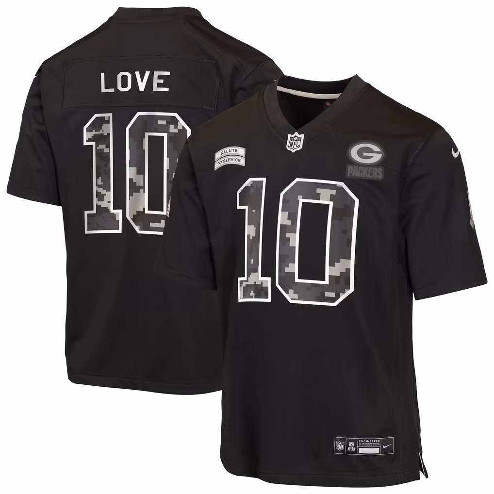 Youth Green Bay Packers Jordan Love Nike Black 2026 Salute to Service Game Jersey