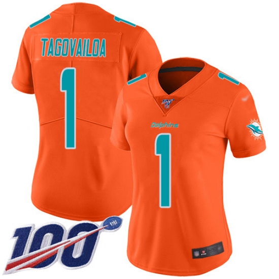 Women's Miami Dolphins #1 Tua Tagovailoa Orange Stitched Limited Inverted Legend 100th Season Jersey