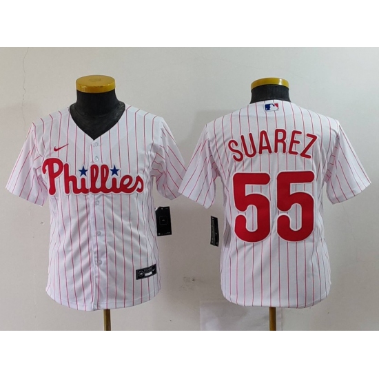 Youth Philadelphia Phillies #55 Alec Bohm White Pinstripe Stitched Cool Base Jersey - Ujersey
