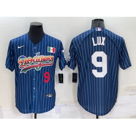Mens Los Angeles Dodgers #9 Gavin Lux Number Rainbow Blue Red Pinstripe Mexico Cool Base Nike Jersey - Ujersey