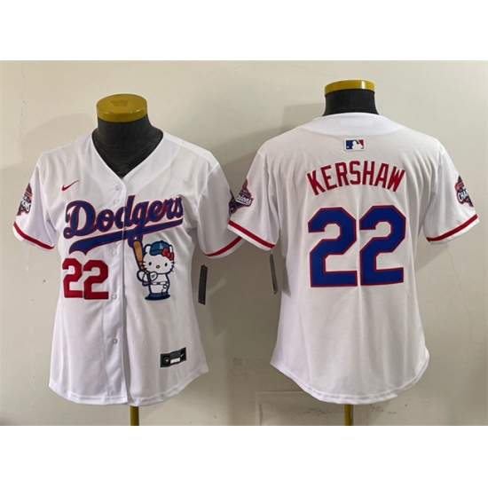 Women's Los Angeles Dodgers #22 Clayton Kershaw White Hello Kitty Night 2025 World Series Champions Stitched Baseball Jersey(Run Small) - Ujersey