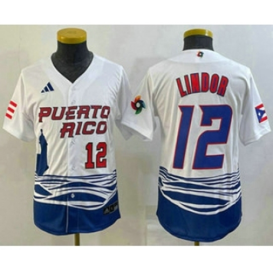 Youth Puerto Rico Baseball #12 Francisco Lindor Number 2023 White World Baseball Classic Stitched Jersey