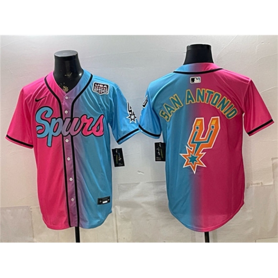 Men's San Antonio Spurs Team Big Logo Pink Blue USA 250 Stitched Baseball Jersey - Ujersey
