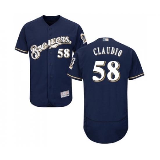 Men's Milwaukee Brewers #58 Alex Claudio Navy Blue Alternate Flex Base Authentic Collection Baseball Jersey - Ujersey