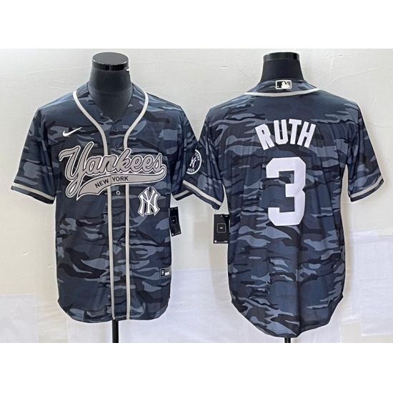 Men's New York Yankees #3 Babe Ruth Grey Camo Cool Base Stitched Baseball Jersey1 - Ujersey