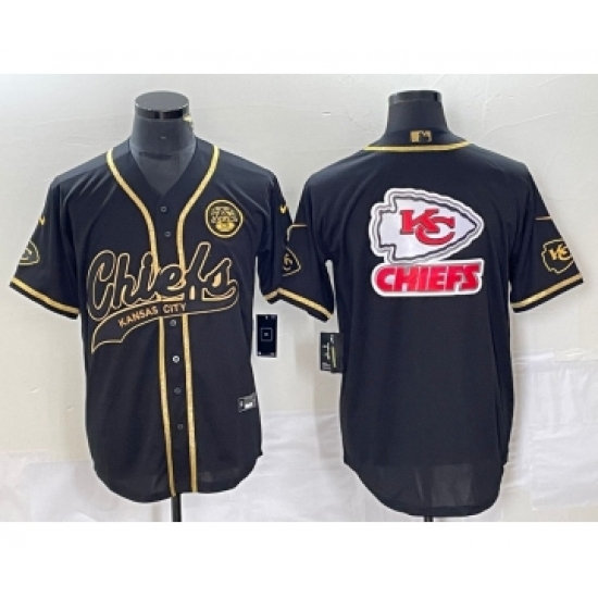 Men's Nike Kansas City Chiefs Big Logo Black Gold Cool Base Stitched Baseball Jersey - Ujersey