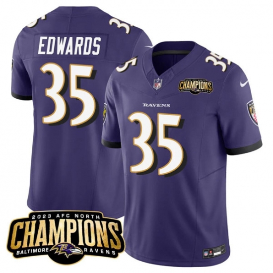 Men's Baltimore Ravens #35 Gus Edwards Purple 2023 F.U.S.E. AFC North Champions Vapor Limited Football Stitched Jersey - Ujersey