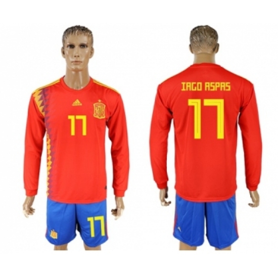 Spain #17 Iago Aspas Red Home Long Sleeves Soccer Country Jersey
