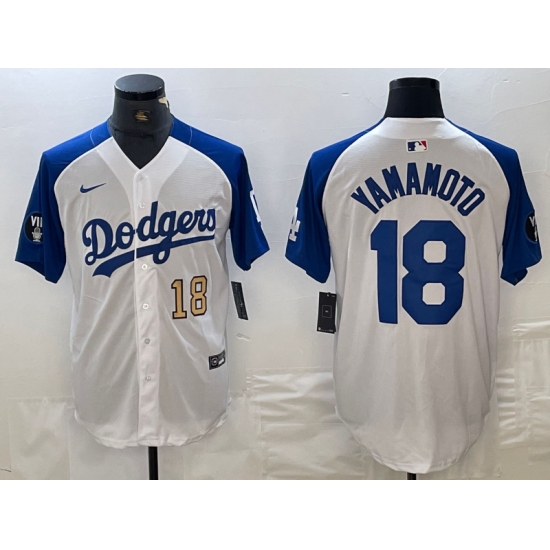 Men's Los Angeles Dodgers #18 Yoshinobu Yamamoto Number White Blue Fashion Stitched Cool Base Limited Jerseys - Ujersey