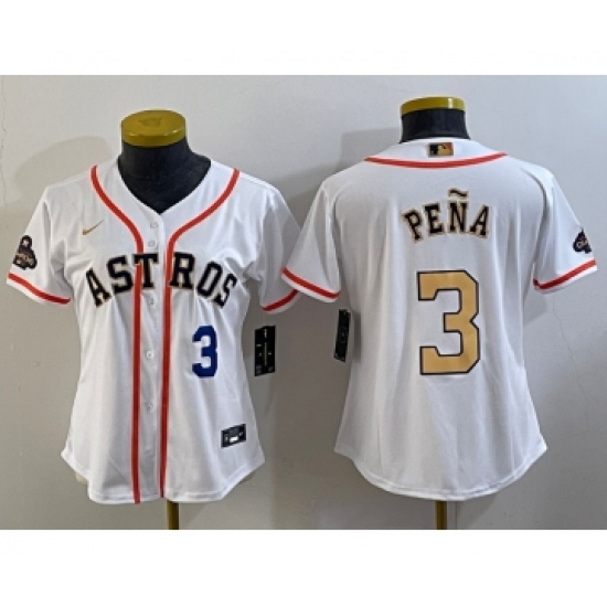 Women's Houston Astros #3 Jeremy Pena Number 2023 White Gold World Serise Champions Cool Base Stitched Jersey1 - Ujersey