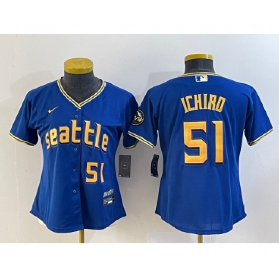 Women's Seattle Mariners #51 Ichiro Suzuki Number Blue 2023 City Connect Cool Base Stitched Jersey - Ujersey