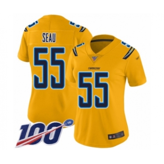 Women's Los Angeles Chargers #55 Junior Seau Limited Gold Inverted Legend 100th Season Football Jersey - Ujersey