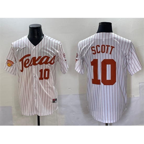Men's Texas Longhorns #10 Mia Scott White Pinstripe 2025 Softball National Champions & SEC Patch Stitched Jersey - Ujersey