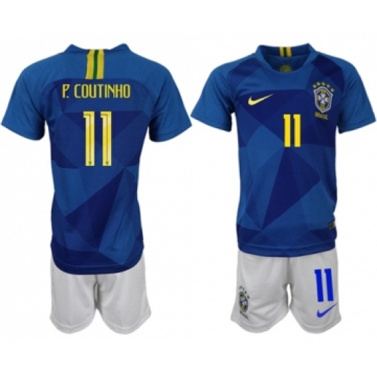 Brazil #11 P.Coutinho Away Kid Soccer Country Jersey