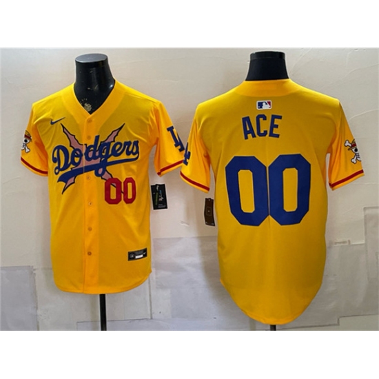 Men's Los Angeles Dodgers x One Piece #00 Ace Yellow Vapor Premier Limited Stitched Baseball Jersey - Ujersey