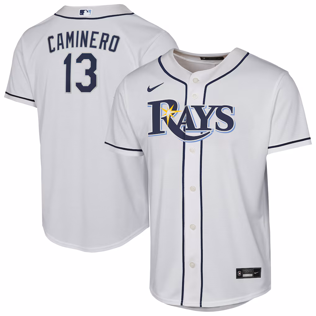 Youth Tampa Bay Rays Junior Caminero Nike White Home Replica Player Jersey - Vujersey Los Angeles Rams
