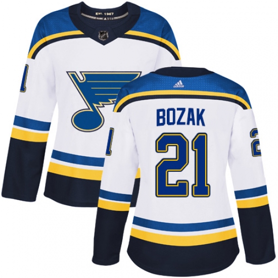 Women's Adidas St. Louis Blues #21 Tyler Bozak Authentic White Away NHL Jersey