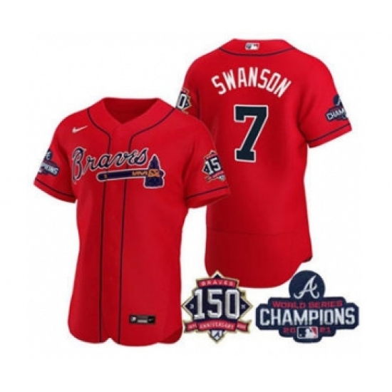 Men's Atlanta Braves #7 Dansby Swanson 2021 Red World Series Champions With 150th Anniversary Flex Base Stitched Jersey - Ujersey