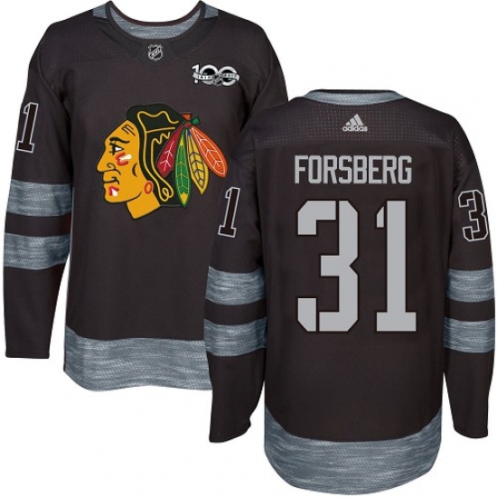 Men's Adidas Chicago Blackhawks #31 Anton Forsberg Authentic Black 1917-2017 100th Anniversary NHL Jersey - Ujersey