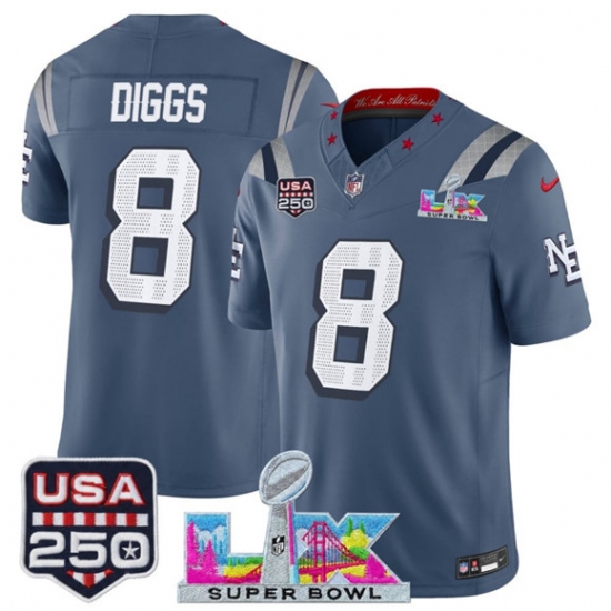 Men's New England Patriots #8 Stefon Diggs Storm Blue 2025 F.U.S.E. Super Bowl LX & USA 250“Rivalries” Vapor Limited Football Stitched Jersey - ujerseystore
