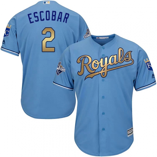 Youth Majestic Kansas City Royals #2 Alcides Escobar Authentic Light Blue 2015 World Series Champions Gold Program Cool Base MLB Jersey - Ujersey