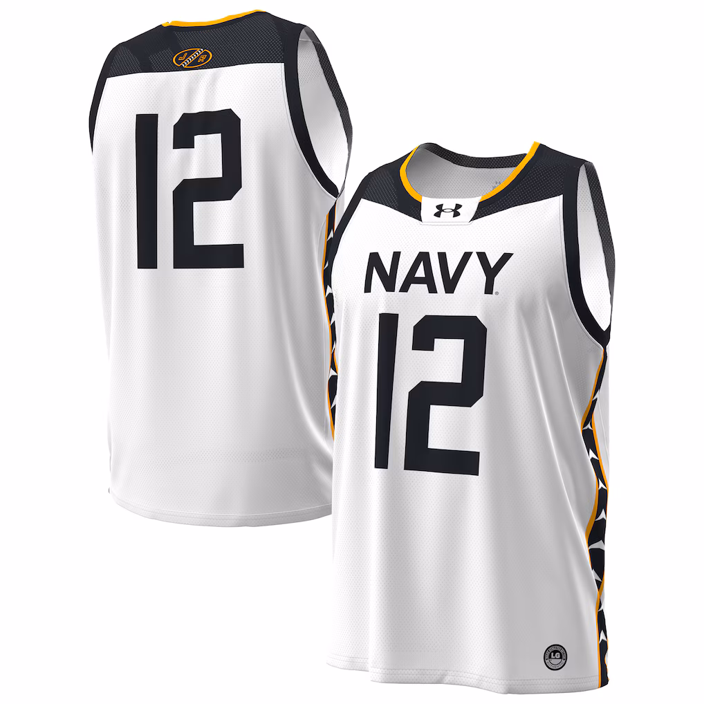 Men's Under Armour #12 White Navy Midshipmen Jolly Rogers Alternate Replica Basketball Jersey - SUjersey01