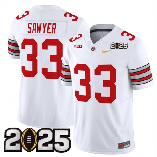 Men's Ohio State Buckeyes #33 Jack Sawyer White Gold 2025 CFP Final Patch F.U.S.E. Vapor Limited Stitched Football Jersey - Ujersey