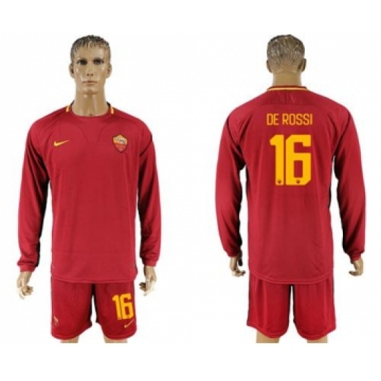 Roma #16 De Rossi Home Long Sleeves Soccer Club Jersey