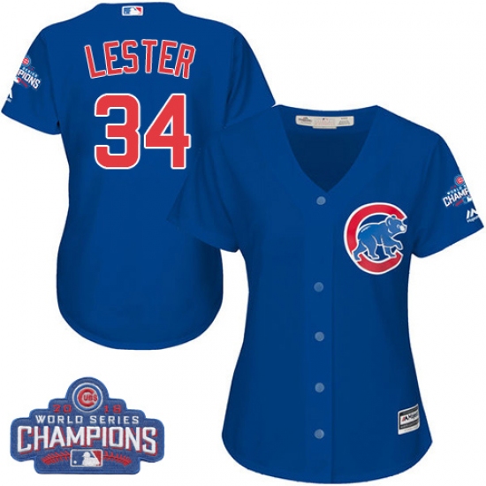 Women's Majestic Chicago Cubs #34 Jon Lester Authentic Royal Blue Alternate 2016 World Series Champions Cool Base MLB Jersey - Ujersey