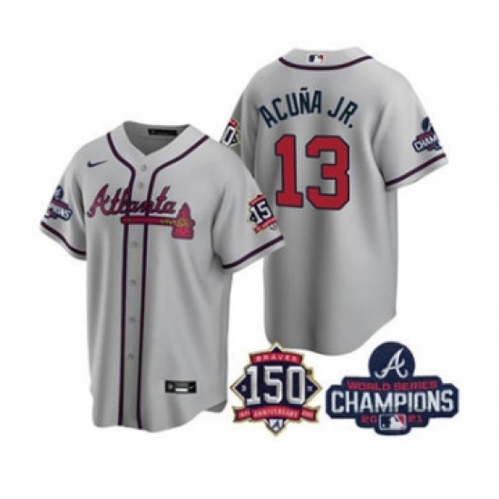 Men's Atlanta Braves #13 Ronald Acuna Jr. 2021 Gray World Series Champions With 150th Anniversary Patch Cool Base Stitched Jersey - Ujersey