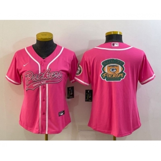 Women's Green Bay Packers Pink Team Big Logo With Patch Cool Base Stitched Baseball Jersey