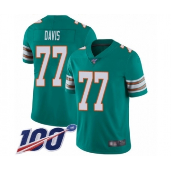 Men's Miami Dolphins #77 Jesse Davis Aqua Green Alternate Vapor Untouchable Limited Player 100th Season Football Jersey - Ujersey