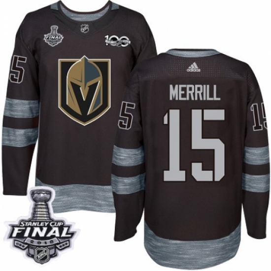 Men's Adidas Vegas Golden Knights #15 Jon Merrill Authentic Black 1917-2017 100th Anniversary 2018 Stanley Cup Final NHL Jersey