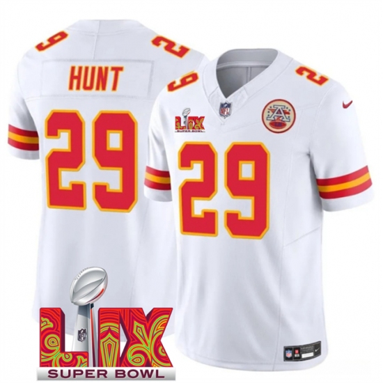 Men's Kansas City Chiefs #29 Kareem Hunt White 2025 Super Bowl LIX F.U.S.E. Vapor Limited Stitched Football Jersey