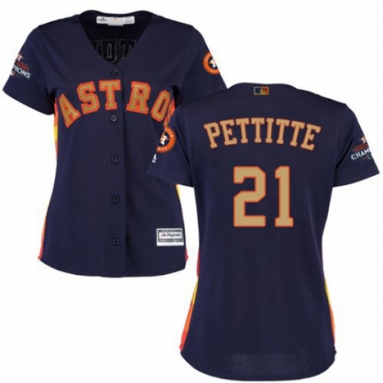 Women's Majestic Houston Astros #21 Andy Pettitte Authentic Navy Blue Alternate 2018 Gold Program Cool Base MLB Jersey - Ujersey