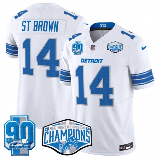 Men's Detroit Lions #14 Amon-Ra St. Brown White 2024 NFC North Champions 90th Anniversary F.U.S.E. Vapor Limited Stitched Jersey - Ujersey