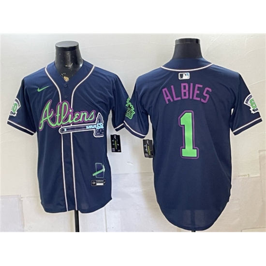 Men's Atlanta Braves #1 Ozzie Albies Navy Galaxy With Outkast Vapor Limited Stitched Baseball Jersey