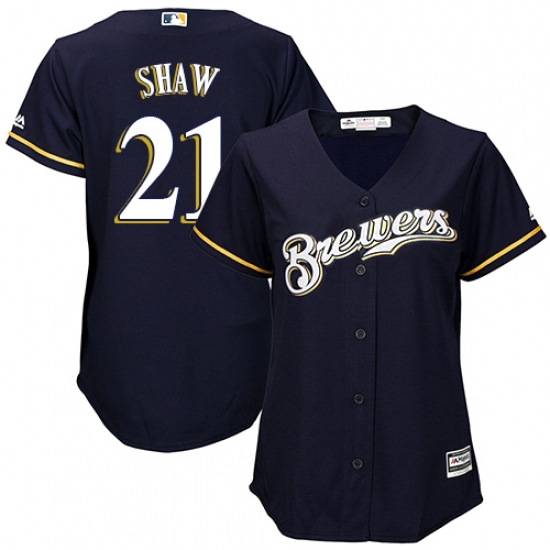 Women's Majestic Milwaukee Brewers #21 Travis Shaw Authentic Navy Blue Alternate Cool Base MLB Jersey - Ujersey