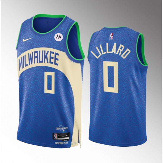 Men's Milwaukee Bucks #0 Damian Lillard Blue 2023-24 City Edition Stitched Basketball Jersey - Ujersey
