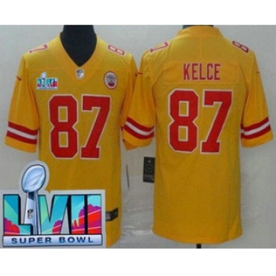 Men's Kansas City Chiefs #87 Travis Kelce Limited Yellow Inverted Super Bowl LVII Vapor Jersey - Ujersey