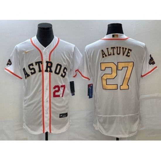Men's Houston Astros #27 Jose Altuve Number 2023 White Gold World Serise Champions Flex Base Stitched Jersey2 - Ujersey